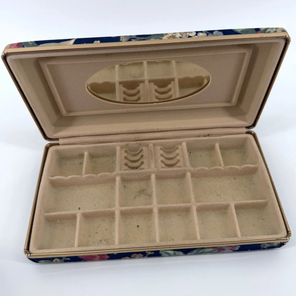 Unbranded Jewelry Box Floral Travel Case Navy Blue Vintage Style Organizer